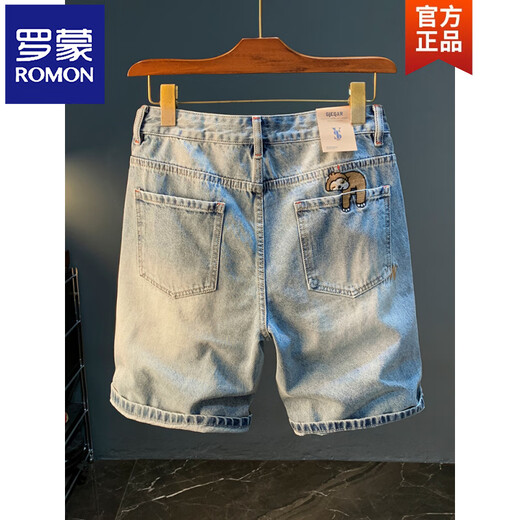 ROMON Summer Casual Shorts Men's Large Size Light Color Cotton Five-Part Jeans Trendy Embroidery Men's Straight-Part Medium Pants Blue XY9922 28 Suitable for weight 95-108Jin [Jin equals 0.5 kg]