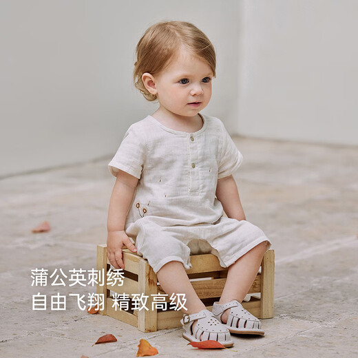 babylove婴儿连体衣夏季薄款衣服刺绣短袖哈衣爬服宝宝棉麻透气休闲外出服