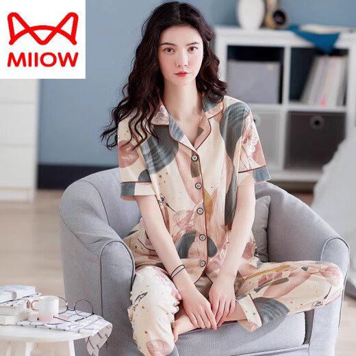 
Cat Man (MiiOW) middle-aged pajamas for women in summer pure cotton short-sleeved trousers cardigan floral mother style loose middle-aged and elderly home clothes Q9928# M (80-105Jin [Jin equals 0.5 kg] wear)