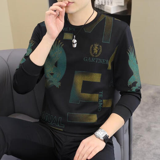 Romon 2025 autumn and winter new men's long-sleeved T-shirt European fashion men's handsome fashionable sweatshirt plus size base shirt T-shirt [Spring and autumn thin style] 6628 khaki M 90-115 Jin [Jin equals 0.5 kg]