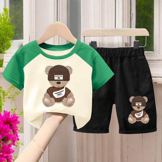 G.DUCKKIDS2025 Summer Children's Cotton Set Boys Thin T-shirt Handsome Short Sleeve Top Cartoon Casual Two-Piece Set 694#XT Short Green + 694# Gray Shorts Size 90 (Height 70-80cm)