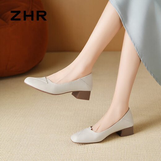 ZHR粗跟单鞋女经典拼接工作皮鞋通勤一脚蹬浅口女鞋软底AH673米色39