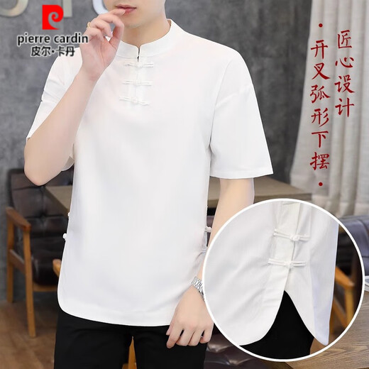 皮尔卡丹（pierre cardin）夏季唐装男短袖t恤中国风盘扣衬衫汉服宽松大码汉服仿棉麻民族风 黑色9871盘扣短袖 L