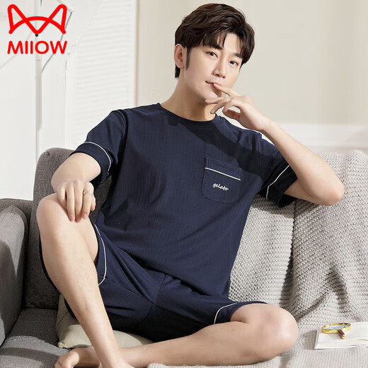 
Catman (MiiOW) pure cotton pajamas men's summer short-sleeved shorts two-piece suit new youth loose large size can be worn outside home clothes 2013 main picture model 9922 M 80-100