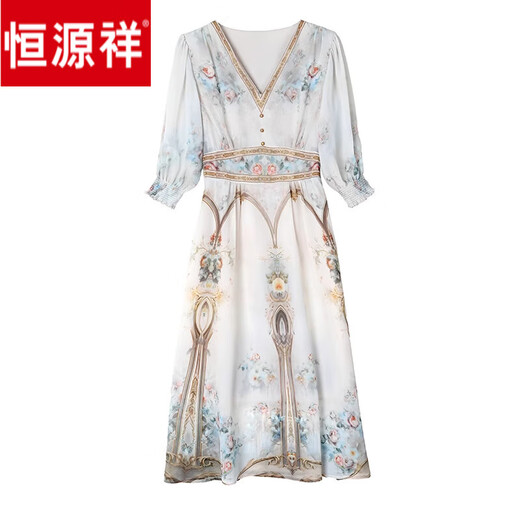 Hengyuanxiang Temperament Chinois Style Silk Robe Summer Nouveau imprimé Mulberry Silk Robe Long Jupe Velle V-Neck Couleur à manches courtes Couleur 3888 XL XL-115-125JIN [Jin est égal à 0,5 kg] Suggestions