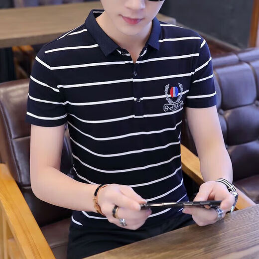 丨Lilang丨[Brand code breaks and picks up bargains] New summer men's short-sleeved T-shirt Korean striped T-shirt POLO. Shirt 159 brown M 80-105Jin [Jin equals 0.5 kg]