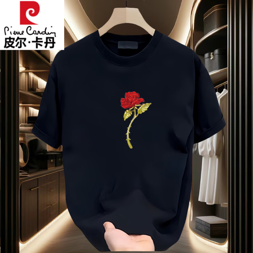 皮尔卡丹短袖T恤男情夏季新款侣装圆领印花体恤纯棉简约宽松百搭半袖上衣 黑色前大图K1049 单朵红玫瑰花男 2XL 建议160-180斤
