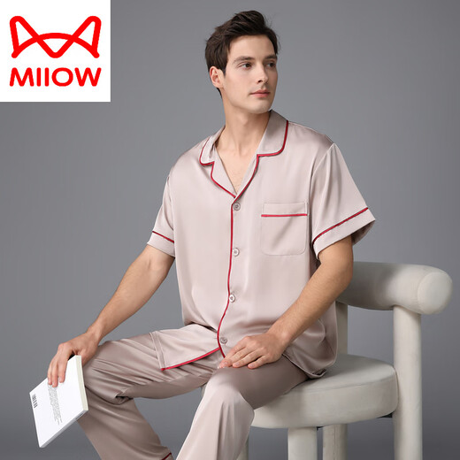 猫人（MiiOW）睡衣男夏季真丝薄款短袖长裤春秋家居服丝绸感欧美2025新款 松绿色 3899 L (体重100-130斤)