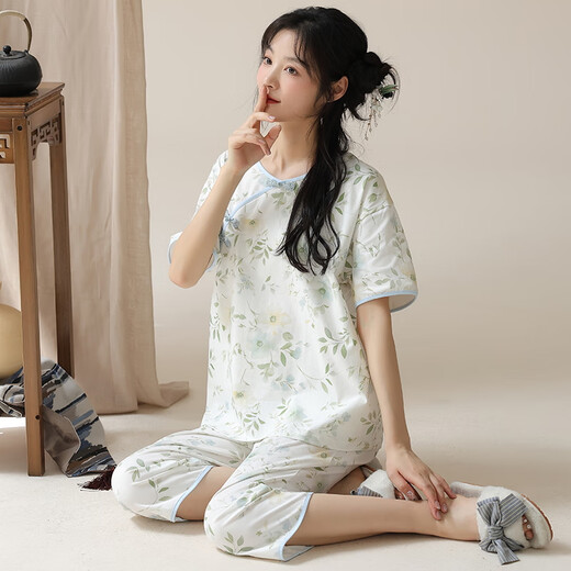 Summer Damen Kurzärärmelte Pyjamas Set Cotton Dünne neue chinesische Baumwoll-Baumwollhosen Hauskleidung können draußen getragen werden und beiläufig lzy9911 m (empfohlen 75-95jin [Jin gleich 0,5 kg])