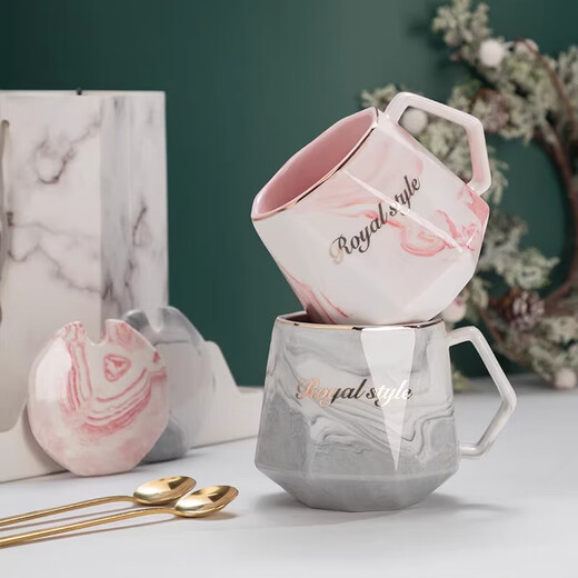 Cup ins high-looking mug couple style cup drinking cup household cup ceramic lid spoon stone pattern cup gray cup + lid + spoon 1 piece 400ml