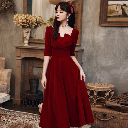 韩菲奴敬酒服酒红色2025新款新娘结婚便装订婚晚礼服显瘦连衣裙平时可穿 缎面长款中袖 酒红色：春夏款 L