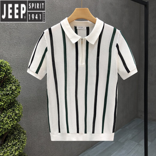 
JEEP SPIRIT sense half zipper lapel short-sleeved sweater for men stripes contrasting sweater versatile casual half-sleeved men's top white 3XL
