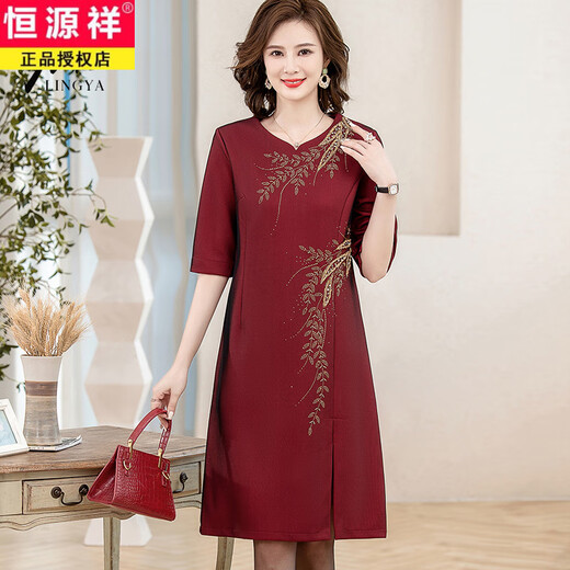 恒源祥婚礼妈妈高端洋气喜服酒红色连衣裙丈母娘喜婆婆结婚宴会礼服裙子 12222酒红色 短袖款 L 【建议90-110斤】