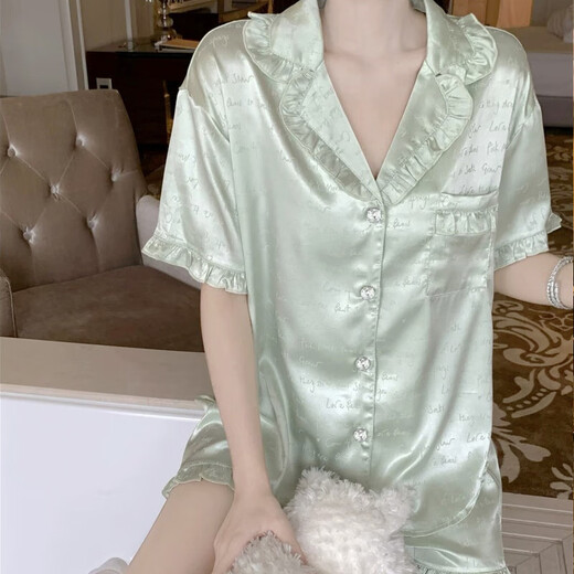 莫代尔睡衣女夏季天冰丝凉感显白感绿色家居服短袖可外穿套装 9221 绿色 XL 【建议115-130斤】