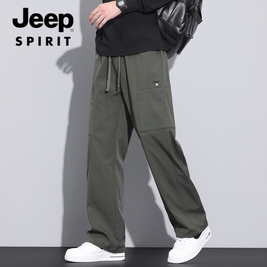 JEEP SPIRIT吉普美式潮牌工装裤男宽松直筒伞兵裤2025夏季薄款运动冲锋休闲裤 JEEP9856-军绿色 4XL 【商家】180~200斤