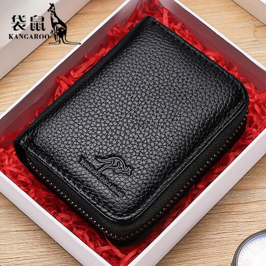 Bolsa de tarjeta de cuero genuina (canguro) para hombres antidemagnetización de la tarjeta múltiple certificado de tarjeta antirrobo clip de gran capacidad Licencia de tarjeta de conducir integrada cubierta de cuero negro genuino 20 tarjeta