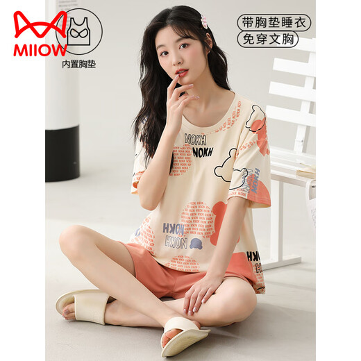 Catman (Miiow) Pajamas à manches courtes pour femmes en été ensemble de coton pur avec des vêtements de maison intégrés pour poitrine qui peuvent être portés à l'extérieur avec un style mince de grande taille GXT1047 L (Recommandé 95-115 Jin [Jin est égal à 0,5 kg]))