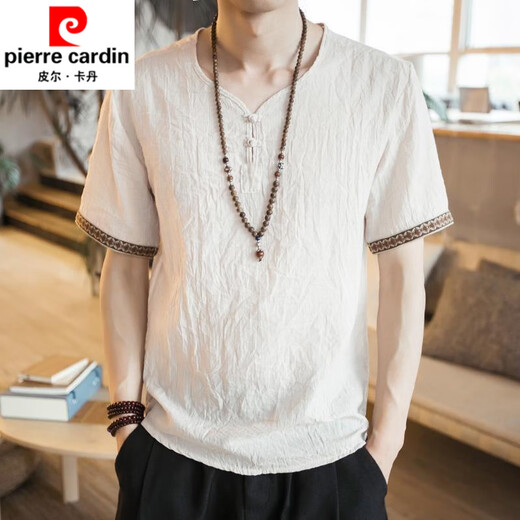 Pierre Cardin T-shirt en lin brodé pour hommes chinois de style chinois pour hommes à manches courtes à manches courtes de grande taille et en lin 686 noir 3xl noir 3xl