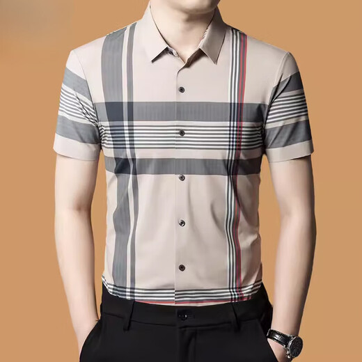 GY goldlion Jinlilai mulberry silk short-sleeved shirt men's summer new plaid casual no-iron high-end shirt men's inch shirt 9856 green S 165/80A suggested 100-120Jin [Jin equals 0.5 kg]