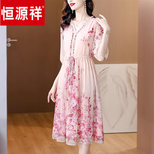 恒源祥气质国风真丝连衣裙夏季新款印花桑蚕丝裙女装长款裙V领短袖 图片色3886 2XL 2XL-125-135斤建议