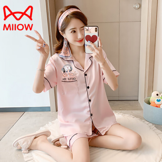 Catman (Miiow) Leichter Luxus-Pyjamas für Frauen im Sommer-Eissensen-Kurzärmel-Dünnhause-Kleidung Internet Promi neue große Sommer-Seidenanzug Gn-Double Short 9207 m (80-Jin [Jin entspricht 0,5 kg]))