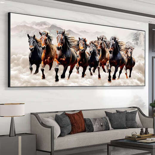 BA Jun Imagen completa de la sala de estar Pinturas colgantes para el éxito Caballas Decoración de la oficina Pintura CT-3878 Caballos al éxito 140*60 cm Marco de aluminio negro Plexiglass +