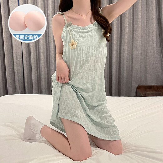 S.SOFEA夏季睡裙女云朵棉胸垫吊带可外穿家居服 JDX-838S#【绿色】 170 160(M)