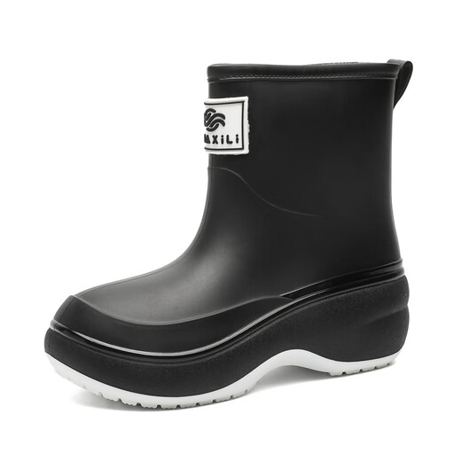 Bainike rain shoes for women, fashionable outdoor water-wearing shoes for outdoor car wash waterproof and anti-slip rain boots Internet celebrity short tube plus cotton warm overshoes black 38