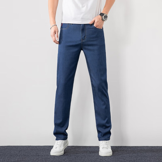 Noventa y nueve jeans de seda de cielo azul rey jiumu wang para hombres heterosexuales de la cintura alta alta y alta de mediana edad y anciana