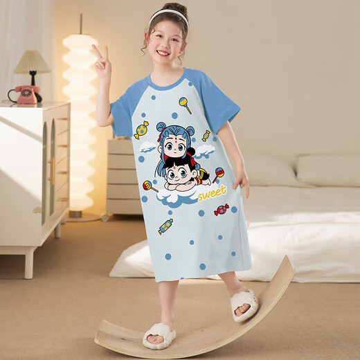 Parent-child mother-daughter nightgown summer pure cotton short-sleeved thin girls pajamas medium big children girl summer children's home clothes B1289 Nezha Ao Bing [100 pure cotton nightgown] One size recommended 113cm38Jin [Jin equals 0.5 kg] within [10 sizes]