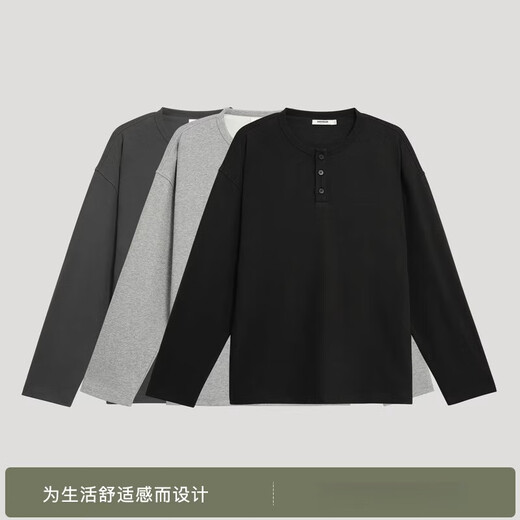 BODYDREAMBM Henry collar heavyweight T-shirt textured long-sleeved men's autumn bottoming shirt loose casual top black S 110Jin Jin is equal to within 0.5 kg
