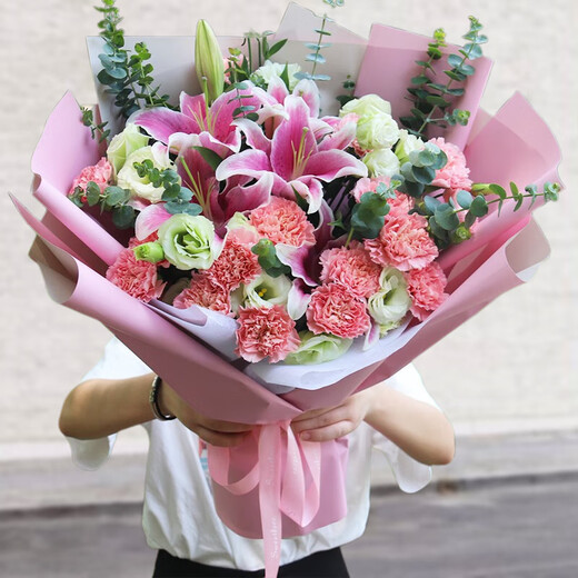Xinyi New Year's Eve flower express rose carnation bouquets as gifts for mothers and elders. Nationwide flower delivery in the same city. 19 carnations and lilies mixed bouquets.