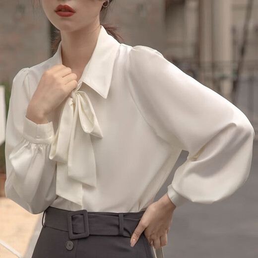 Nanmu Xiong shirt bow lantern sleeve spring and autumn new white commuter shirt women's formal dress ribbon design professional top lantern sleeve shirt M 85-115Jin Jin equals 0.5 kg
