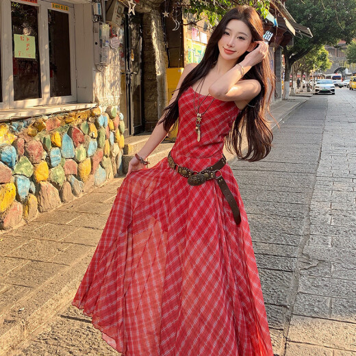 Con el temperamento casual del estilo europeo y de la Diosa M, la cintura es delgada de suspensor a cuadros rojo y empalmado para mujeres estilo Hong Kong Vestido de cintura alta 9734 Vestido a cuadros rojos S