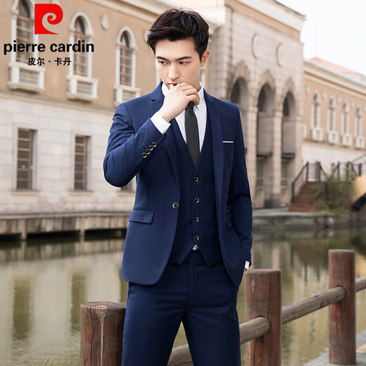 Pierre Cardin (pierre cardin) three-piece suit for men, interview, work, professional wear, wedding suit, groomsmen suit, business formal suit, two-button navy blue suit, suit + trousers + collar 3XL 145-155Jin Jin equals 0.5 kg