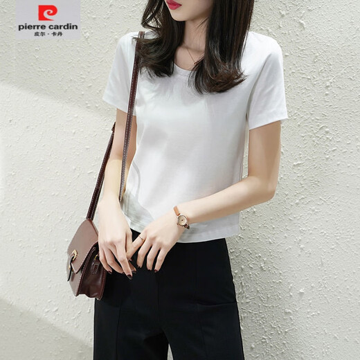 皮尔卡丹（pierre cardin）【1342人收藏】纯棉短款2025夏装新款丝光棉白t恤女纯色圆领体恤 白色圆领 L