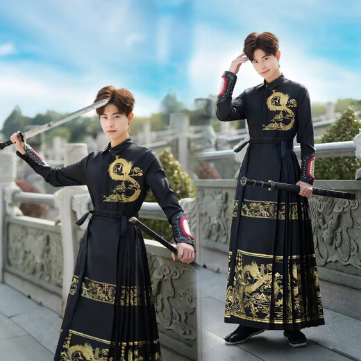IMPRESSWIT男士马面裙2025汉服成人中国风刺绣衬衫金玉龙马面裙霸气两件套装 黑龙纹马面+上衣+护腕(9277) S