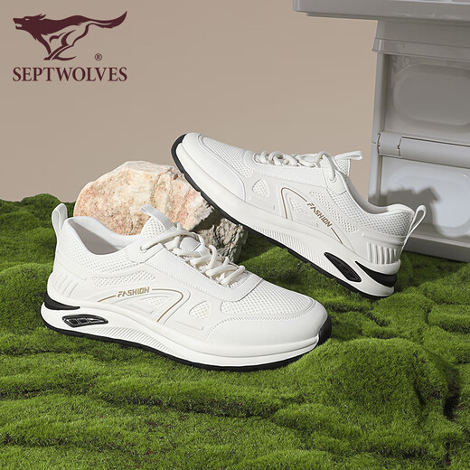 Sieben Wolf-Männerschuhe 2025 Sommer Neue Mesh Schuhe Herren lässige Schuhe atmungsaktiv und geruchssicherer weiße Schuhe Vielseitige Sportschuhe weiß 1048 39