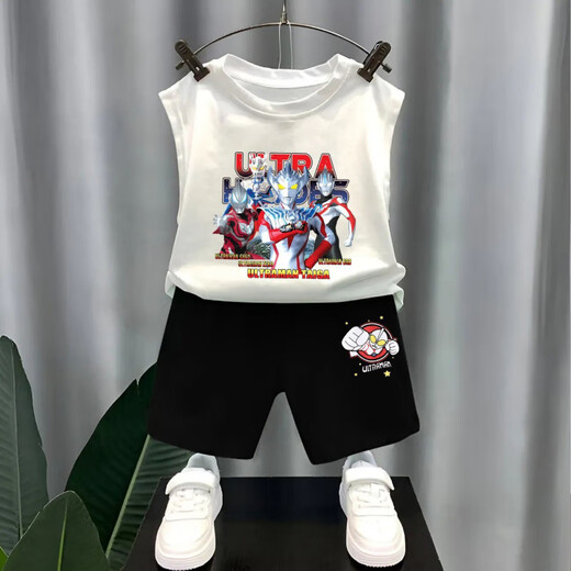 Snoopy Boys reine Baumwollhülsenweste Westeanzug für äußere Wear Ultraman Street Brat Street Boys Fünf-Punkte-Hose Zwei-teilige Fruchtgrüne Weste T983 + Schwarze Shorts T273 130 Empfohlene Höhe 120-130 cm