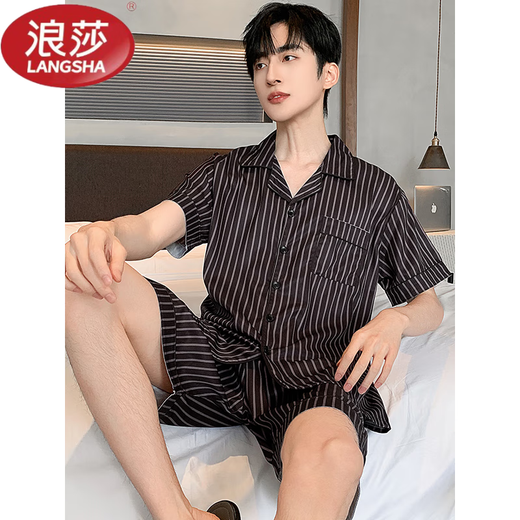 Langsha Light Luxury New Seidenpyjamas Herren kurzärmelige Sommeranzüge und lässige Maulbeer-Seiden-Heimkleidung können außerhalb 6629 getragen werden [kurzärmelige + Shorts] l