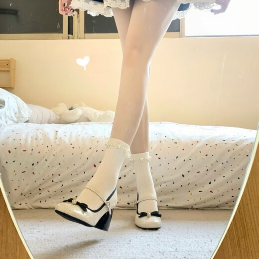 猎呐玛丽珍鞋女士厚底小皮鞋增高粗跟松糕圆头高跟乐福jk婚礼成人礼 珍珠蝴蝶玛丽珍鞋【米白色】 37