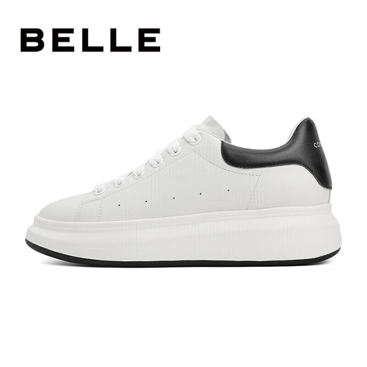 Belle Men's Casual Genuine Leather Business White Shoes Winter Sports Shoes Thick Sole Heightening Sneakers Plus Velvet A0615AM2 White/Black (Single Liner) 40 (250mm)