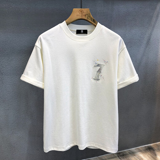 Cotton-made high-end short-sleeved T-shirt men's personalized ink-embroidered trendy brand 2025 summer loose T-shirt men's top 6630 white XL [140-155Jin[Jin equals 0.5 kg]]