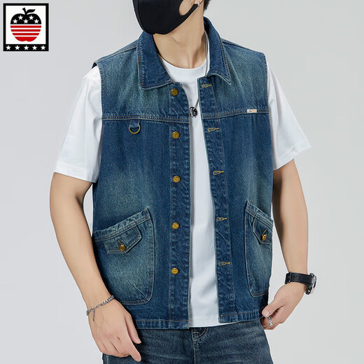 Aemape Apple Light Color 2025 Nuevo chaleco de mezclilla hombres sueltos de gran tamaño retro Horse Clip Workwear Chaqueta de marca moderna Men 6231# Retro Blue L (sugerido 130-145Jin [Jin equivale a 0.5 kg])
