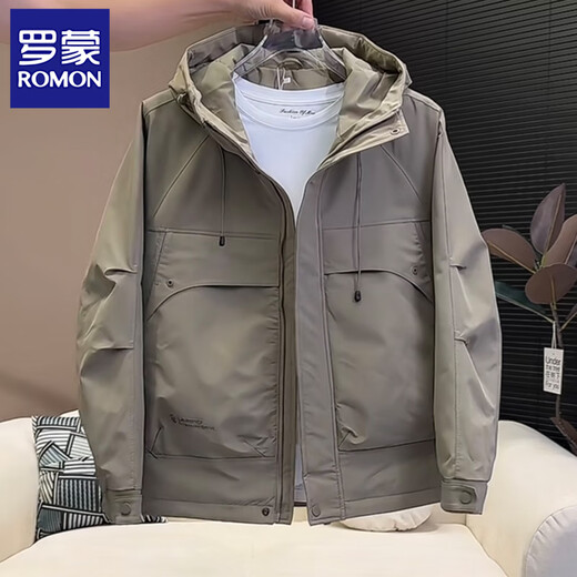 Romon Jacket Men's 2025 Spring and Autumn New Men's Hooded Loose Jacket Fashionable Popular Windproof Work Clothes Khaki Green XL 135-155Jin Jin is equal to 0.5 kg