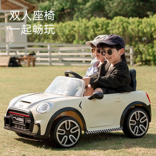 Samat children's electric car, four-wheeled baby car, can be driven, can be seated, can be controlled by a remote control car, children's toy car, one-year-old gift, off-white remote control + swing + Bluetooth music
