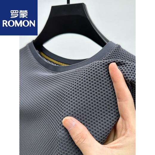 Romon Ice Silk Mesh T-Shirt Herren kurzärmelige runde Hals Sommer-Eis-Sensen-atmungsaktives, schweißabsorbierend