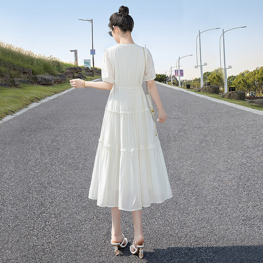 
Silk Cypress V-neck Dress 2025 Summer New Women's Gentle and Elegant Spliced ​​High Waist Drawstring Mid-Long Skirt
