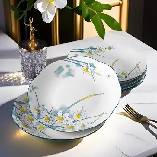 Chinese-style ceramic bowl and dish, high-end lotus leaf mouth dish, resistant to high temperature and does not fade, 8 inches in diameter, grass green, daffodil 8-bucket soup bowl, 1 pack