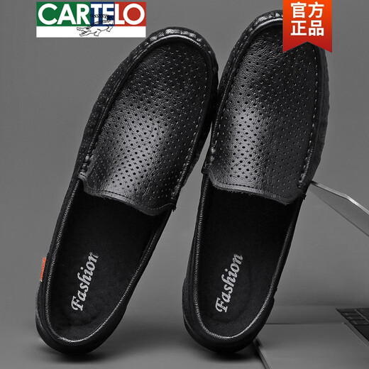Cartelo High-End-Marke Lederschuhe für Männer echtes Leder Sommer Hollow Bohnenschuhe für Männer lässig Soft Soft Soft Leder ein Fuß faule Schuhe 9901 Black Hollow 38